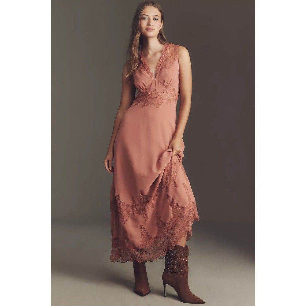 By Anthropologie V-Neck Lace-Panel Maxi Dress Asymmetric Hem Lace Pink S 289873